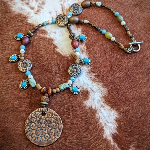 Hand Crafted Jewelry - NWT Handcrafted Beaded Boho With Turquoise Color Stone and Multi Colored Beads
